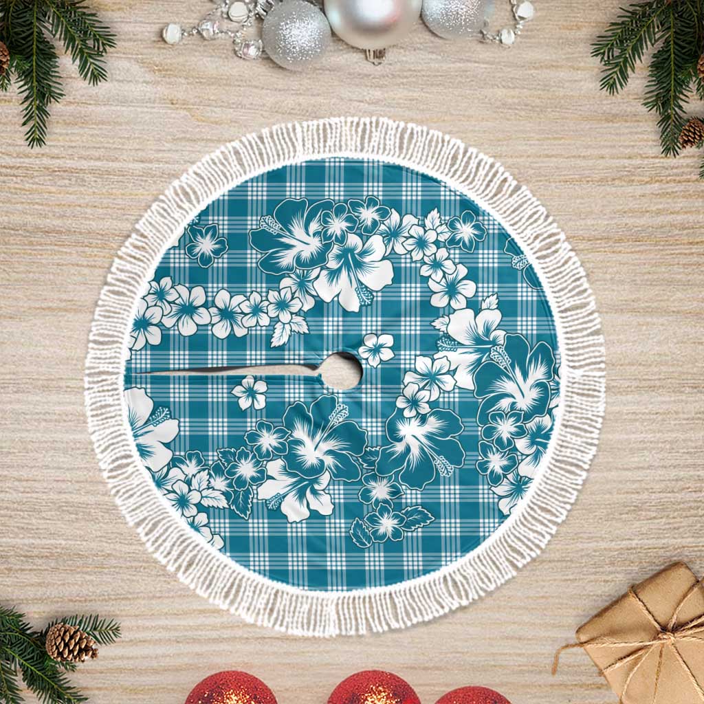 Hibiscus Pakala Ocean Depths Blue Tree Skirt Tropical Floral Stylized LT01 Fringed Blue - Polynesian Pride