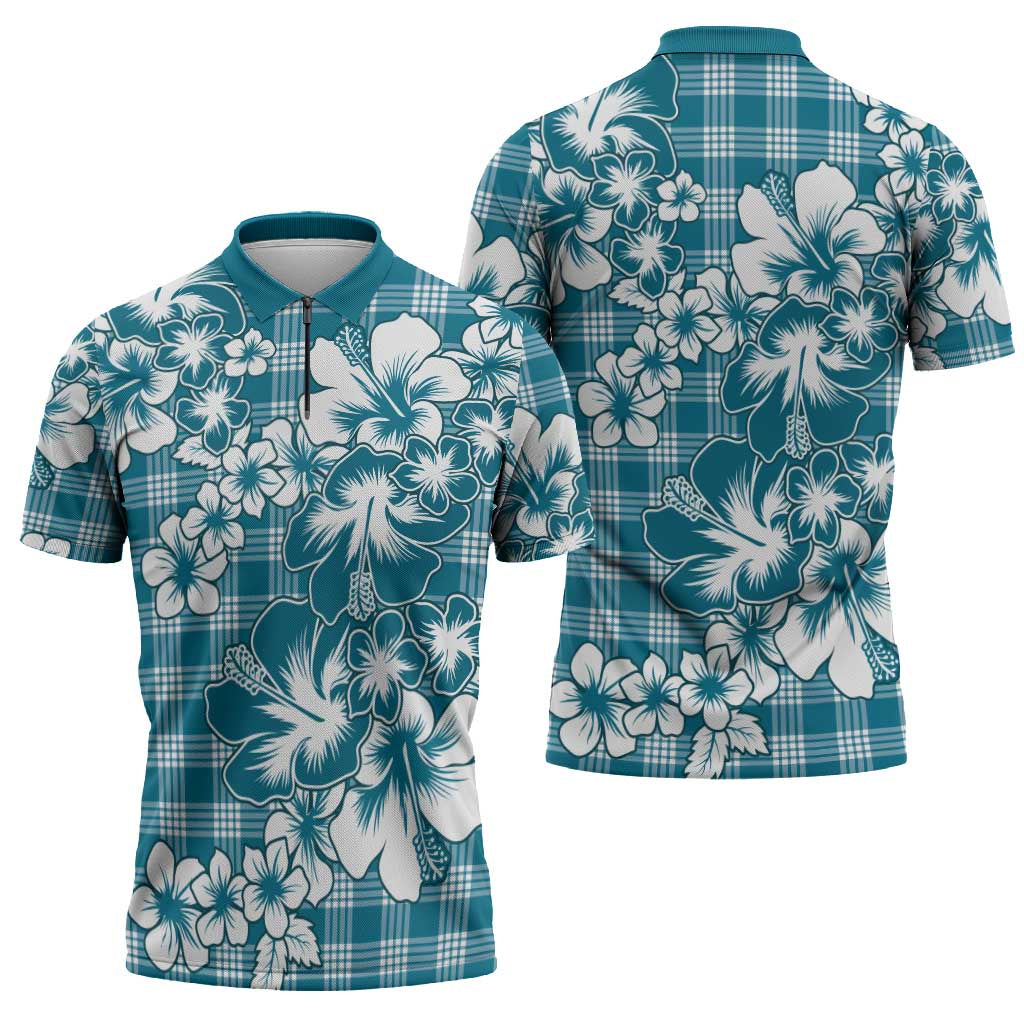 Hibiscus Pakala Ocean Depths Blue Zipper Polo Shirt Tropical Floral Stylized - Polynesian Pride