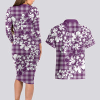 Hibiscus Pakala Sweetie Purple Couples Matching Long Sleeve Bodycon Dress and Hawaiian Shirt Tropical Floral Stylized - Polynesian Pride