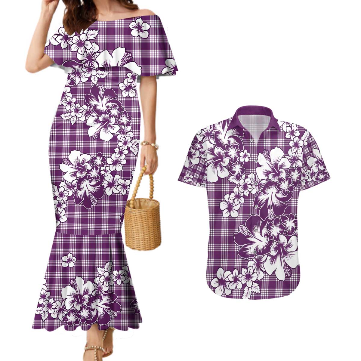 Hibiscus Pakala Sweetie Purple Couples Matching Mermaid Dress and Hawaiian Shirt Tropical Floral Stylized - Polynesian Pride