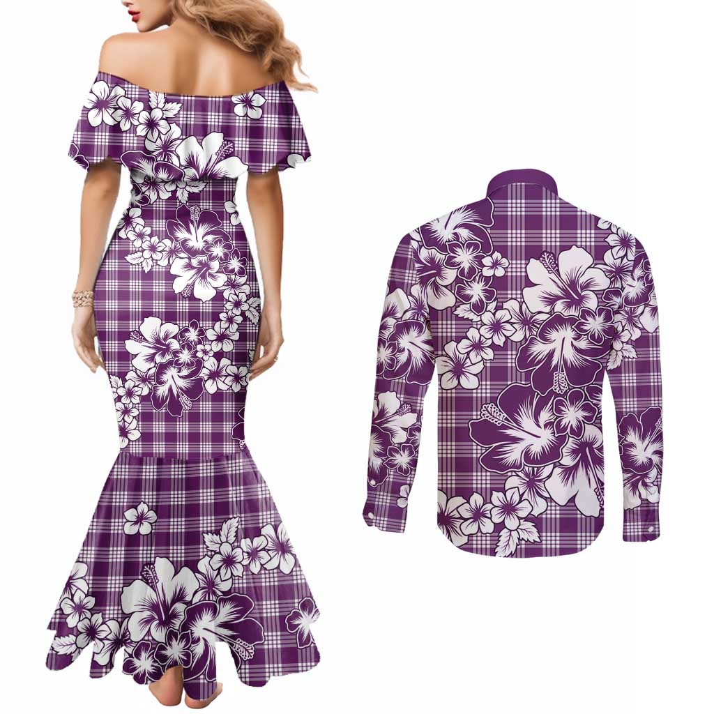 Hibiscus Pakala Sweetie Purple Couples Matching Mermaid Dress and Long Sleeve Button Shirt Tropical Floral Stylized - Polynesian Pride