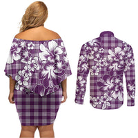 Hibiscus Pakala Sweetie Purple Couples Matching Off Shoulder Short Dress and Long Sleeve Button Shirt Tropical Floral Stylized - Polynesian Pride