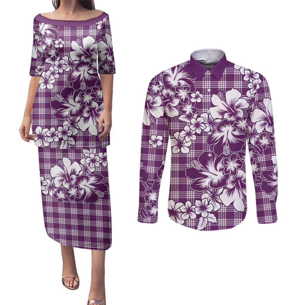 Hibiscus Pakala Sweetie Purple Couples Matching Puletasi and Long Sleeve Button Shirt Tropical Floral Stylized - Polynesian Pride