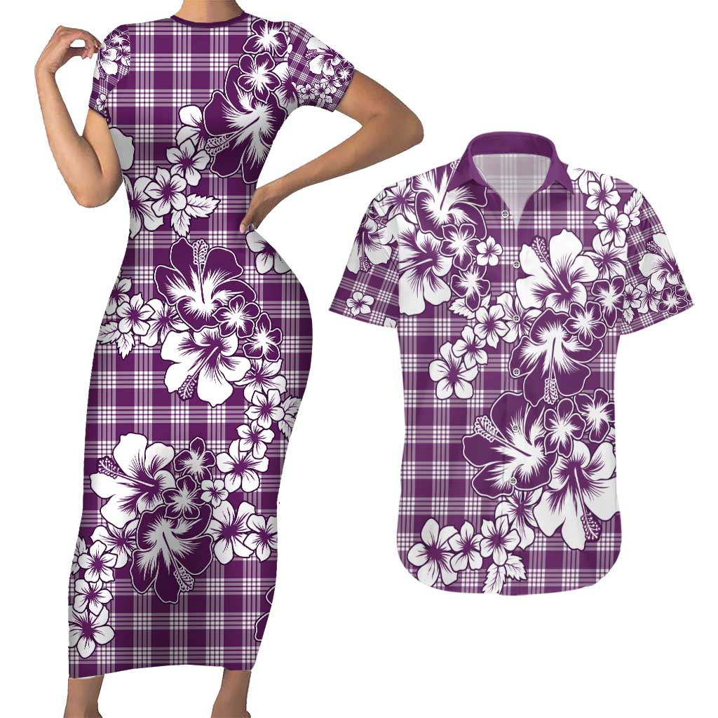 Hibiscus Pakala Sweetie Purple Couples Matching Short Sleeve Bodycon Dress and Hawaiian Shirt Tropical Floral Stylized - Polynesian Pride
