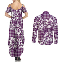 Hibiscus Pakala Sweetie Purple Couples Matching Summer Maxi Dress and Long Sleeve Button Shirt Tropical Floral Stylized - Polynesian Pride