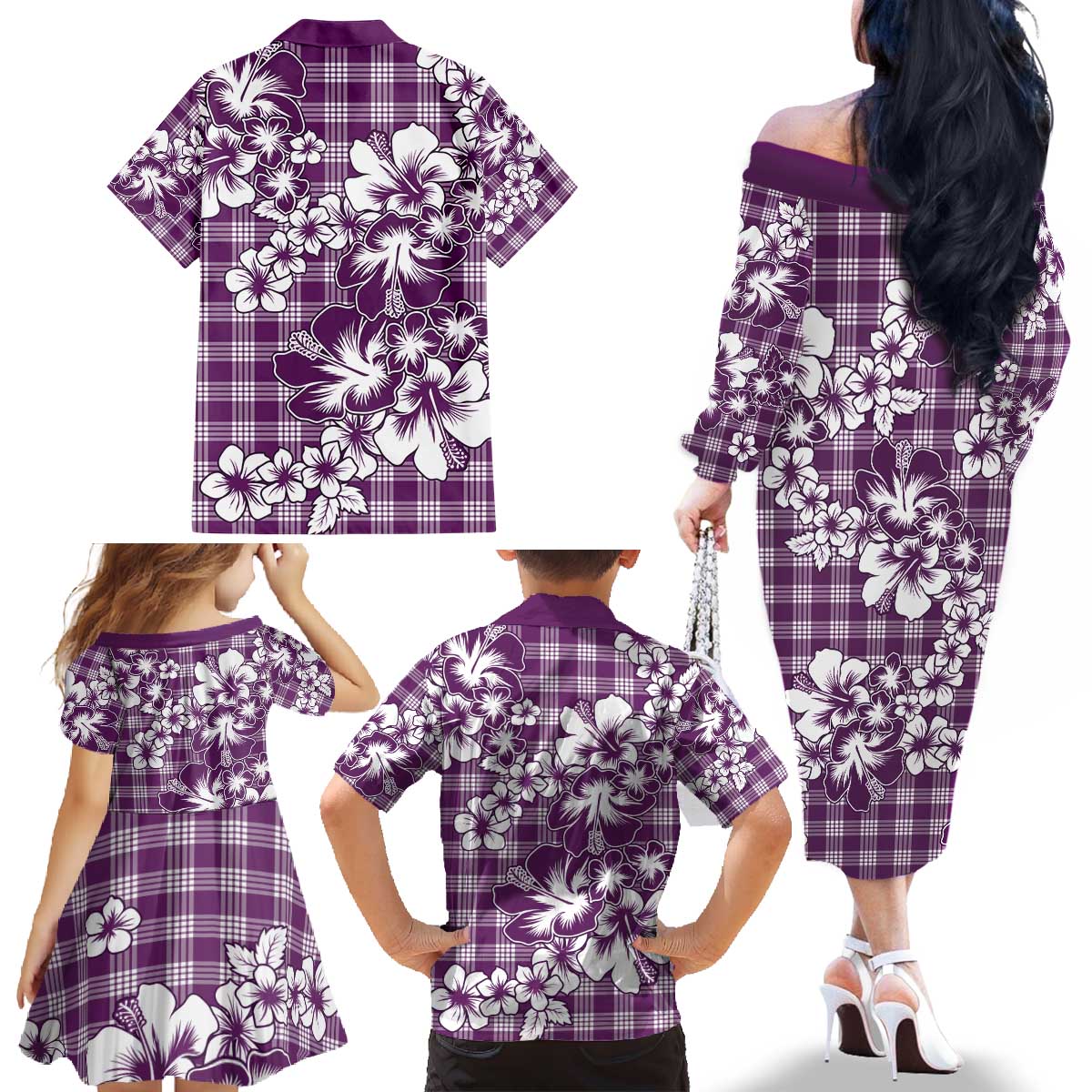 Hibiscus Pakala Sweetie Purple Family Matching Off The Shoulder Long Sleeve Dress and Hawaiian Shirt Tropical Floral Stylized - Polynesian Pride