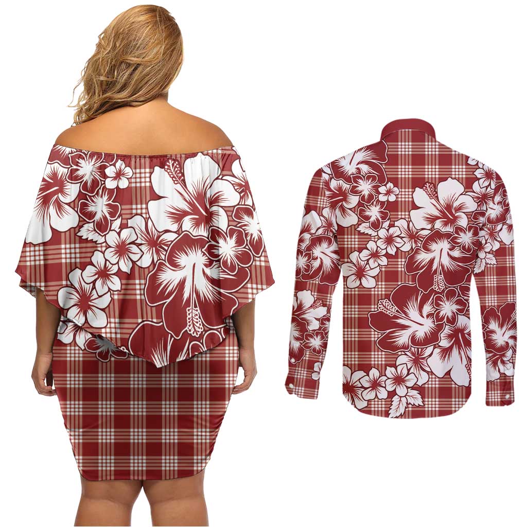 Hibiscus Pakala Fantasy Red Couples Matching Off Shoulder Short Dress and Long Sleeve Button Shirt Tropical Floral Stylized - Polynesian Pride