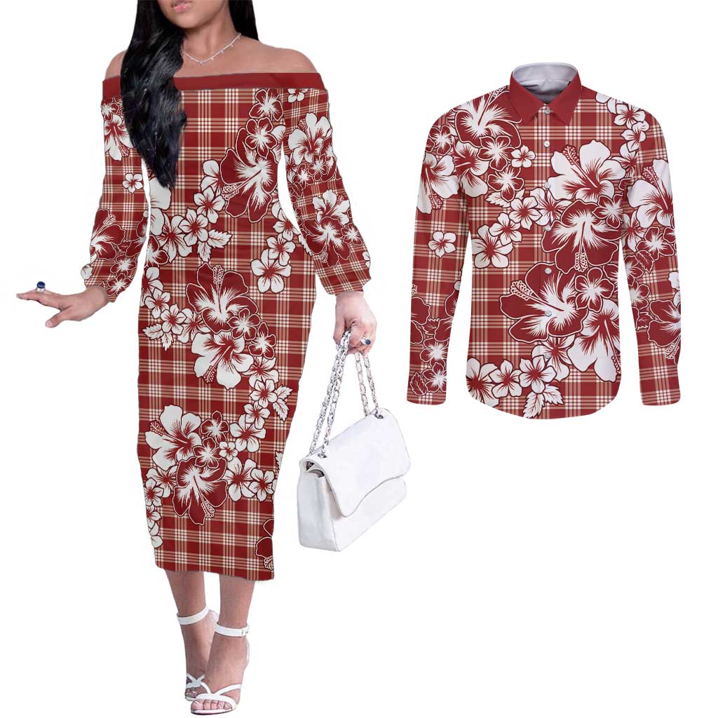 Hibiscus Pakala Fantasy Red Couples Matching Off The Shoulder Long Sleeve Dress and Long Sleeve Button Shirt Tropical Floral Stylized - Polynesian Pride