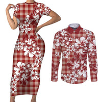 Hibiscus Pakala Fantasy Red Couples Matching Short Sleeve Bodycon Dress and Long Sleeve Button Shirt Tropical Floral Stylized - Polynesian Pride