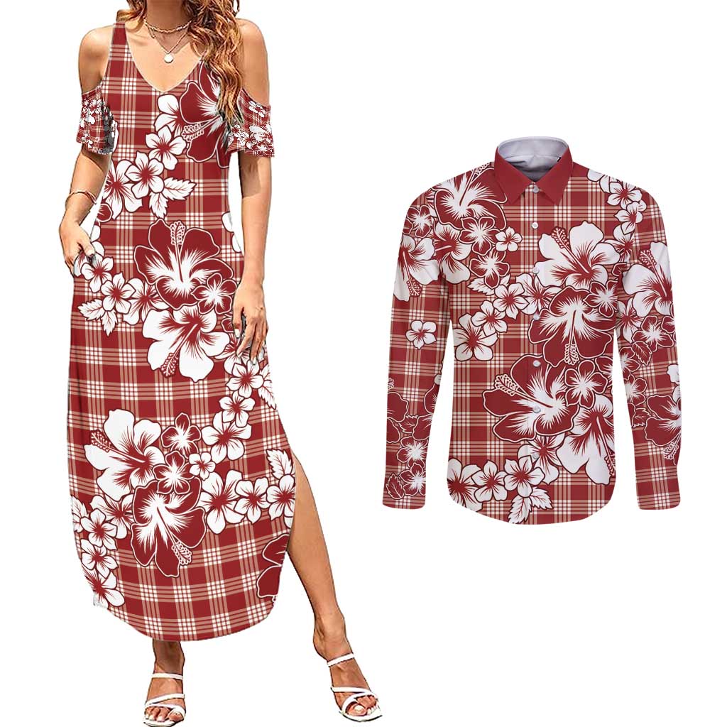 Hibiscus Pakala Fantasy Red Couples Matching Summer Maxi Dress and Long Sleeve Button Shirt Tropical Floral Stylized - Polynesian Pride