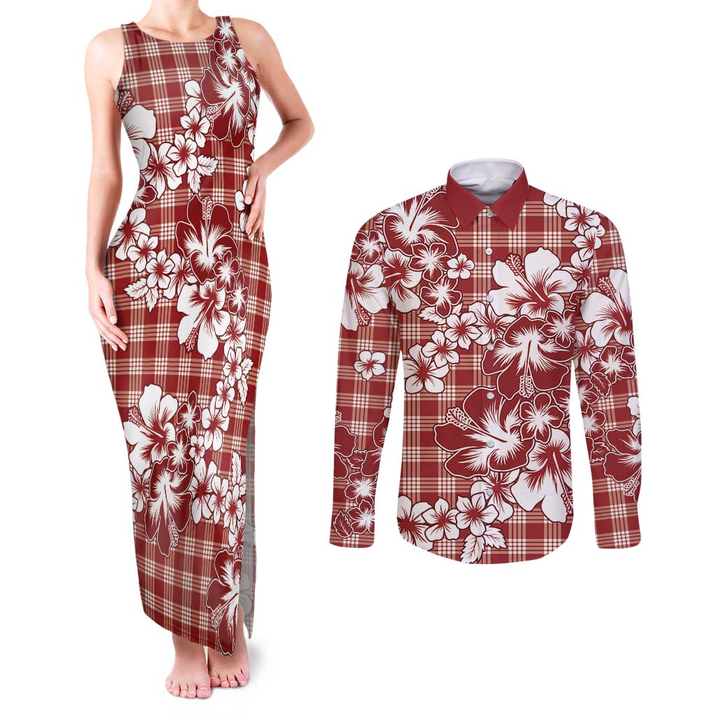 Hibiscus Pakala Fantasy Red Couples Matching Tank Maxi Dress and Long Sleeve Button Shirt Tropical Floral Stylized - Polynesian Pride