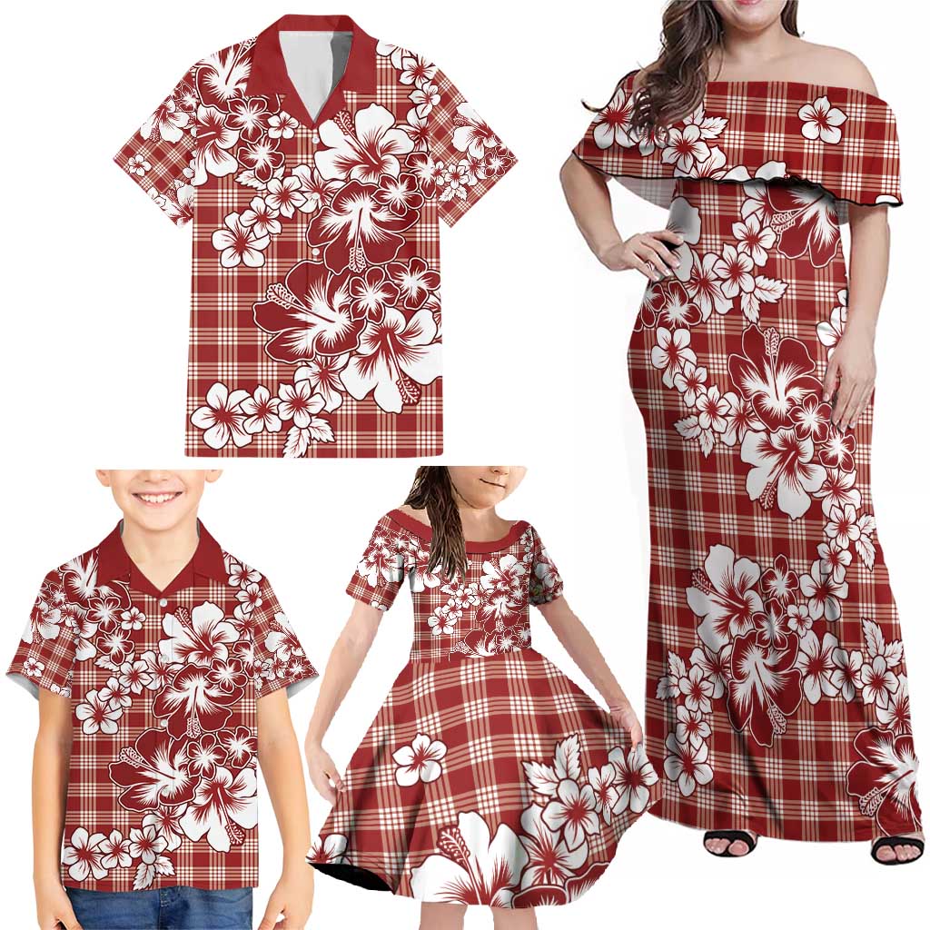 Hibiscus Pakala Fantasy Red Family Matching Off Shoulder Maxi Dress and Hawaiian Shirt Tropical Floral Stylized - Polynesian Pride