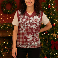 Hibiscus Pakala Fantasy Red Christmas Knitted V-Neck Vest Tropical Floral Stylized LT01 - Polynesian Pride