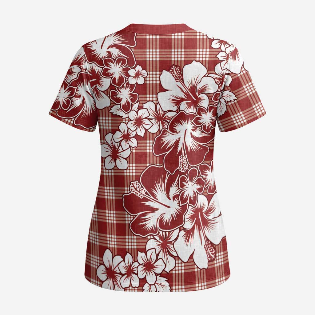 Hibiscus Pakala Fantasy Red Scrub Top Tropical Floral Stylized - Polynesian Pride