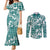 Hibiscus Pakala Aqua Teal Couples Matching Mermaid Dress and Long Sleeve Button Shirt Tropical Floral Stylized - Polynesian Pride