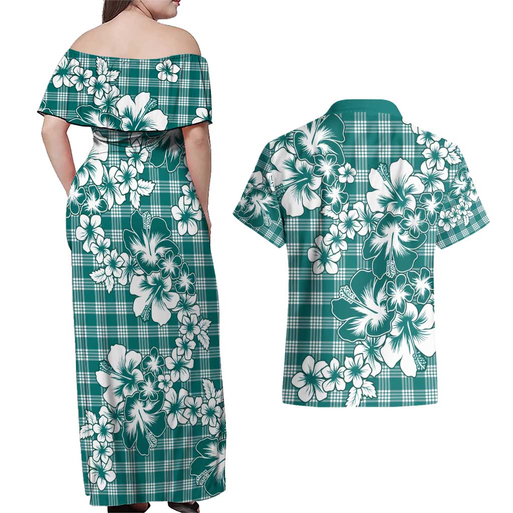 Hibiscus Pakala Aqua Teal Couples Matching Off Shoulder Maxi Dress and Hawaiian Shirt Tropical Floral Stylized - Polynesian Pride