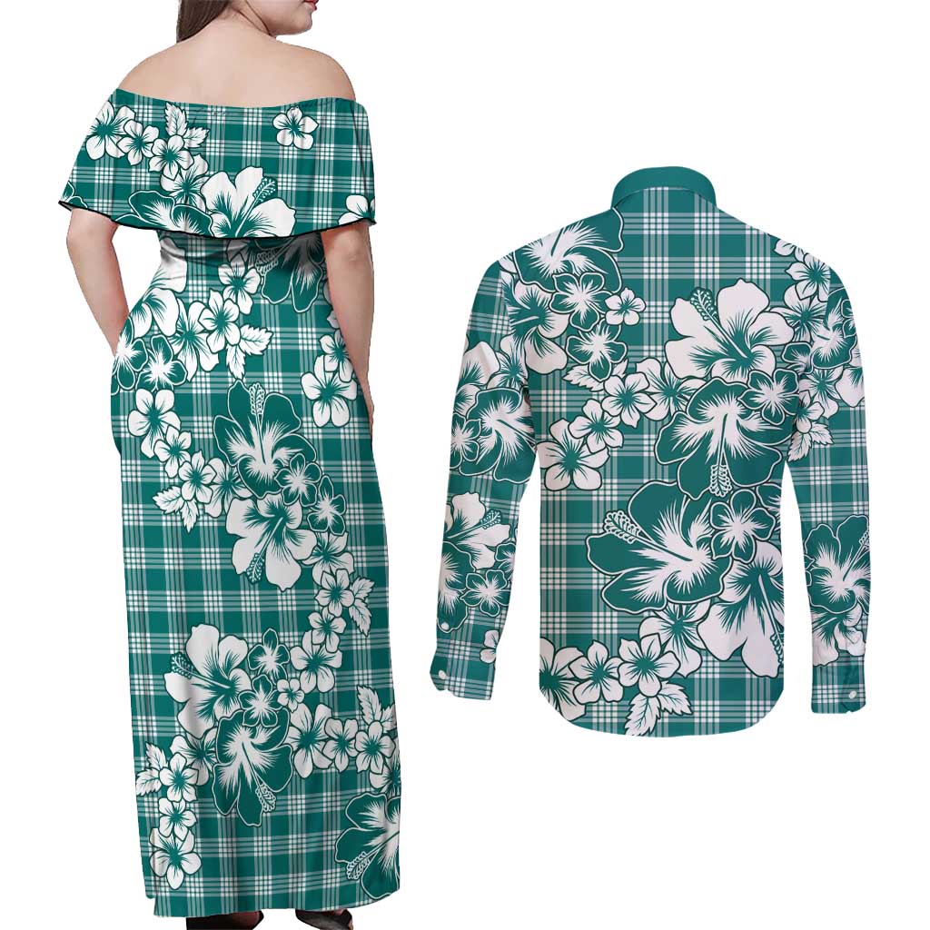 Hibiscus Pakala Aqua Teal Couples Matching Off Shoulder Maxi Dress and Long Sleeve Button Shirt Tropical Floral Stylized - Polynesian Pride