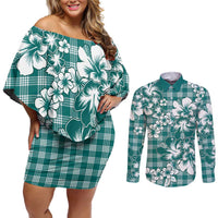 Hibiscus Pakala Aqua Teal Couples Matching Off Shoulder Short Dress and Long Sleeve Button Shirt Tropical Floral Stylized - Polynesian Pride