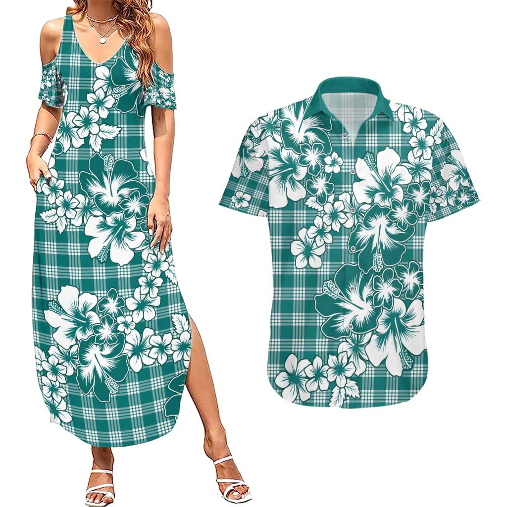 Hibiscus Pakala Aqua Teal Couples Matching Summer Maxi Dress and Hawaiian Shirt Tropical Floral Stylized - Polynesian Pride