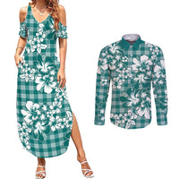 Hibiscus Pakala Aqua Teal Couples Matching Summer Maxi Dress and Long Sleeve Button Shirt Tropical Floral Stylized - Polynesian Pride