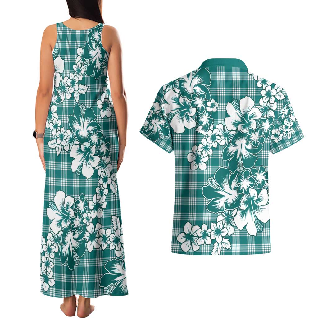 Hibiscus Pakala Aqua Teal Couples Matching Tank Maxi Dress and Hawaiian Shirt Tropical Floral Stylized - Polynesian Pride