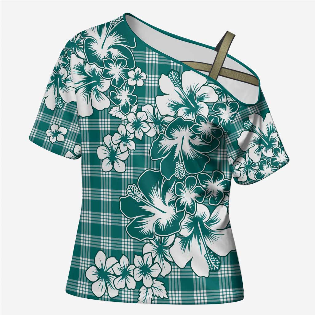 Hibiscus Pakala Aqua Teal Cross Shoulder Shirt Tropical Floral Stylized - Polynesian Pride