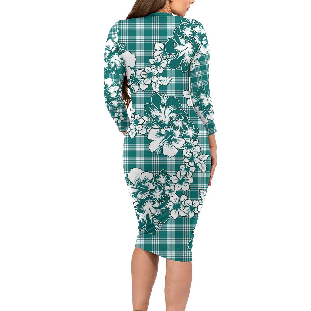 Hibiscus Pakala Aqua Teal Family Matching Long Sleeve Bodycon Dress and Hawaiian Shirt Tropical Floral Stylized - Polynesian Pride