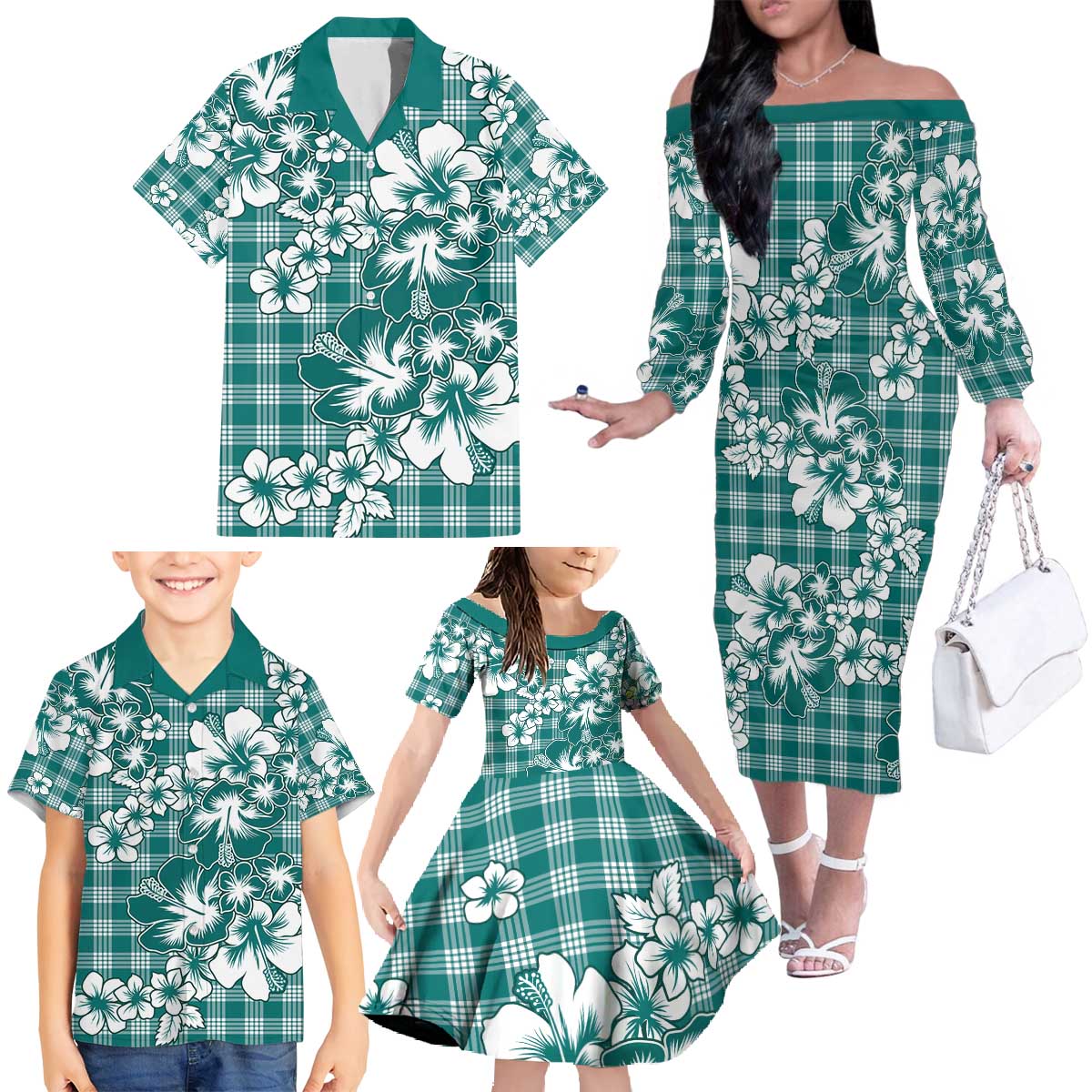 Hibiscus Pakala Aqua Teal Family Matching Off The Shoulder Long Sleeve Dress and Hawaiian Shirt Tropical Floral Stylized - Polynesian Pride