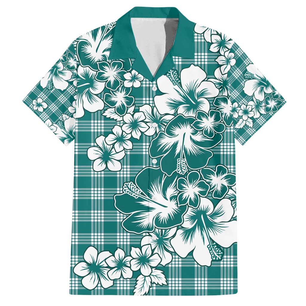 Hibiscus Pakala Aqua Teal Family Matching Off Shoulder Maxi Dress and Hawaiian Shirt Tropical Floral Stylized - Polynesian Pride