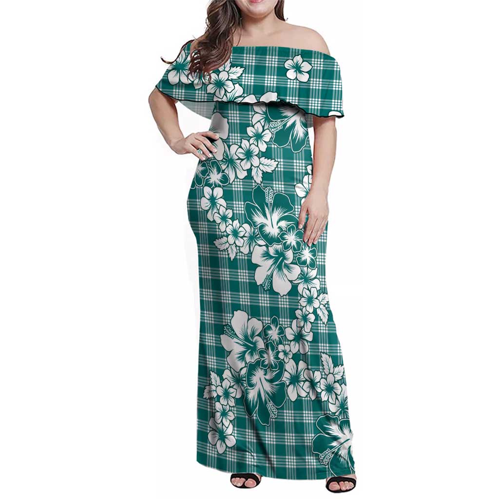 Hibiscus Pakala Aqua Teal Family Matching Off Shoulder Maxi Dress and Hawaiian Shirt Tropical Floral Stylized - Polynesian Pride