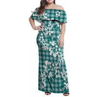 Hibiscus Pakala Aqua Teal Family Matching Off Shoulder Maxi Dress and Hawaiian Shirt Tropical Floral Stylized - Polynesian Pride