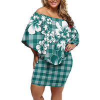 Hibiscus Pakala Aqua Teal Family Matching Off Shoulder Short Dress and Hawaiian Shirt Tropical Floral Stylized - Polynesian Pride