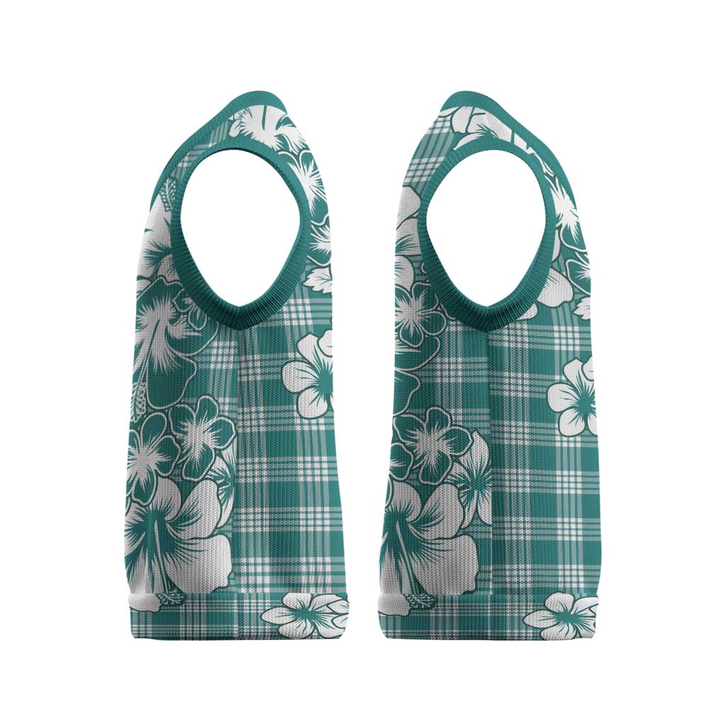 Hibiscus Pakala Aqua Teal Christmas Knitted V-Neck Vest Tropical Floral Stylized LT01 - Polynesian Pride