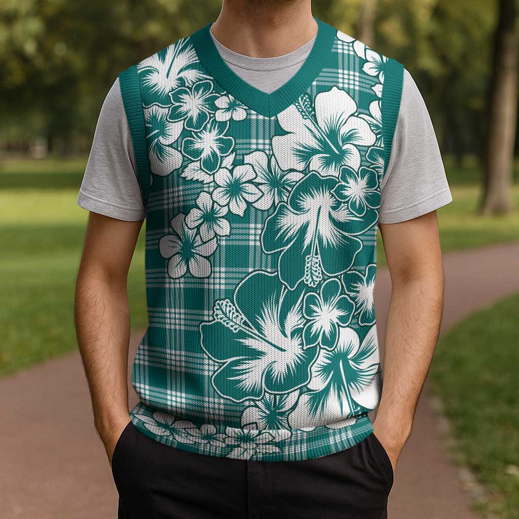 Hibiscus Pakala Aqua Teal Christmas Knitted V-Neck Vest Tropical Floral Stylized LT01 - Polynesian Pride