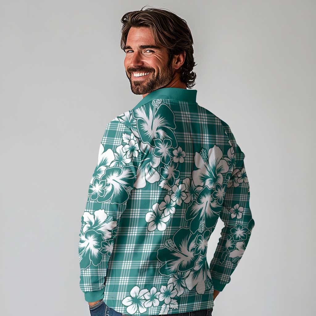 Hibiscus Pakala Aqua Teal Long Sleeve Polo Shirt Tropical Floral Stylized LT01 - Polynesian Pride
