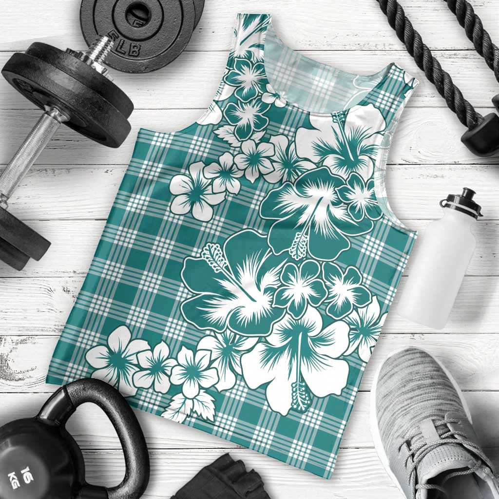 Hibiscus Pakala Aqua Teal Men Tank Top Tropical Floral Stylized - Polynesian Pride