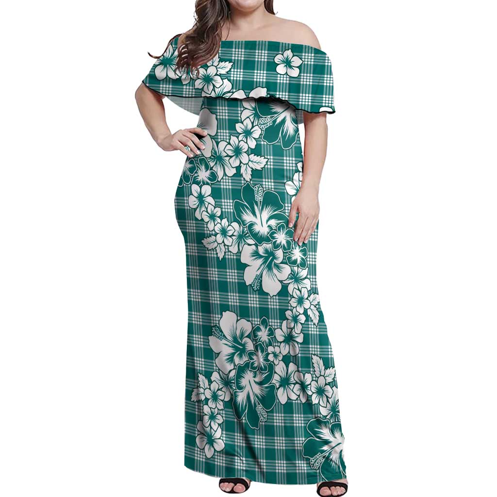 Hibiscus Pakala Aqua Teal Off Shoulder Maxi Dress Tropical Floral Stylized - Polynesian Pride