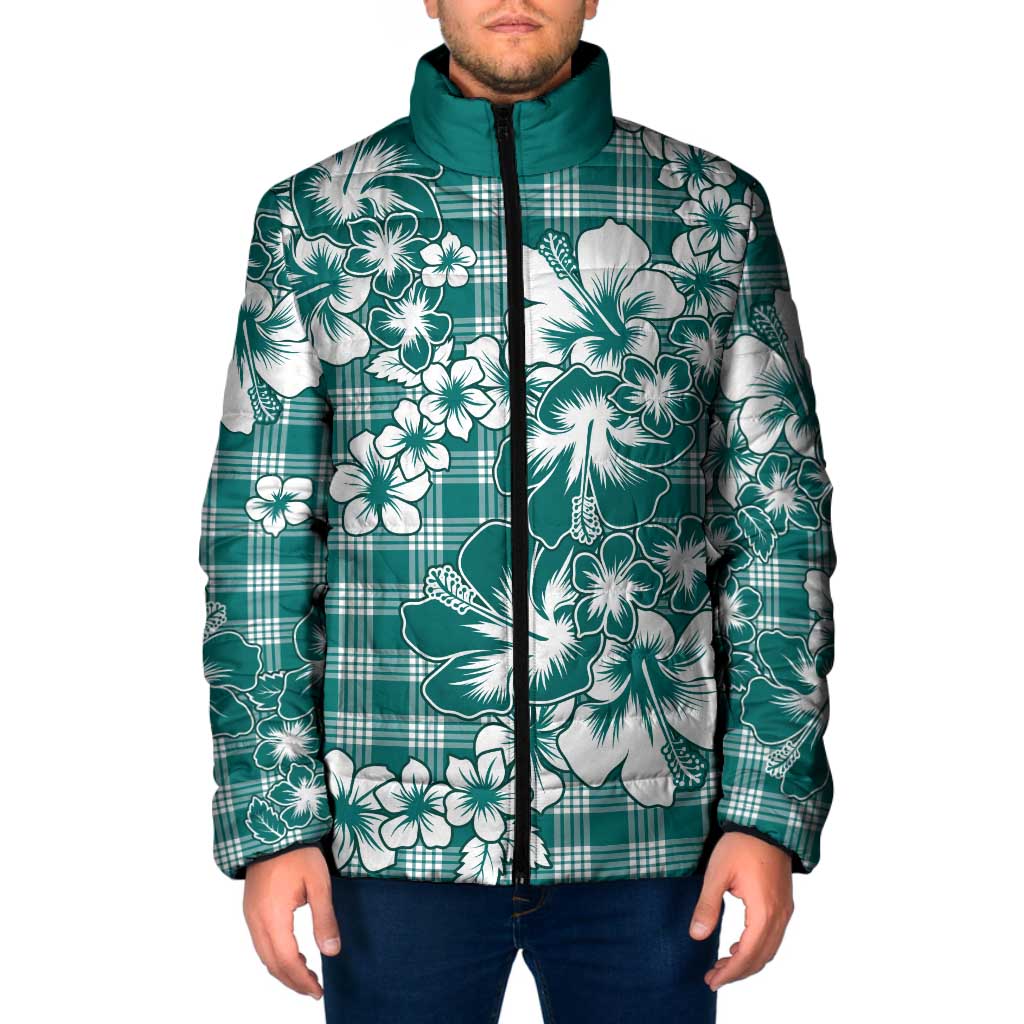 Hibiscus Pakala Aqua Teal Padded Jacket Tropical Floral Stylized - Polynesian Pride