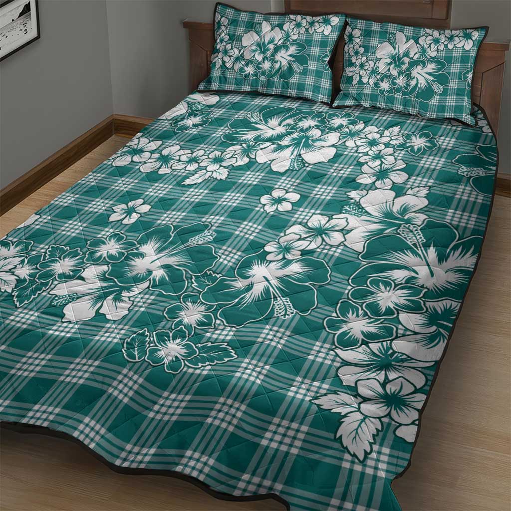 Hibiscus Pakala Aqua Teal Quilt Bed Set Tropical Floral Stylized - Polynesian Pride