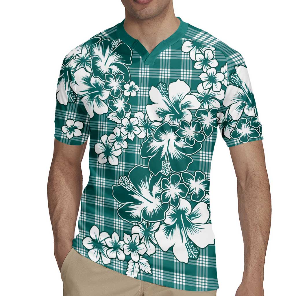 Hibiscus Pakala Aqua Teal Rugby Jersey Tropical Floral Stylized - Polynesian Pride