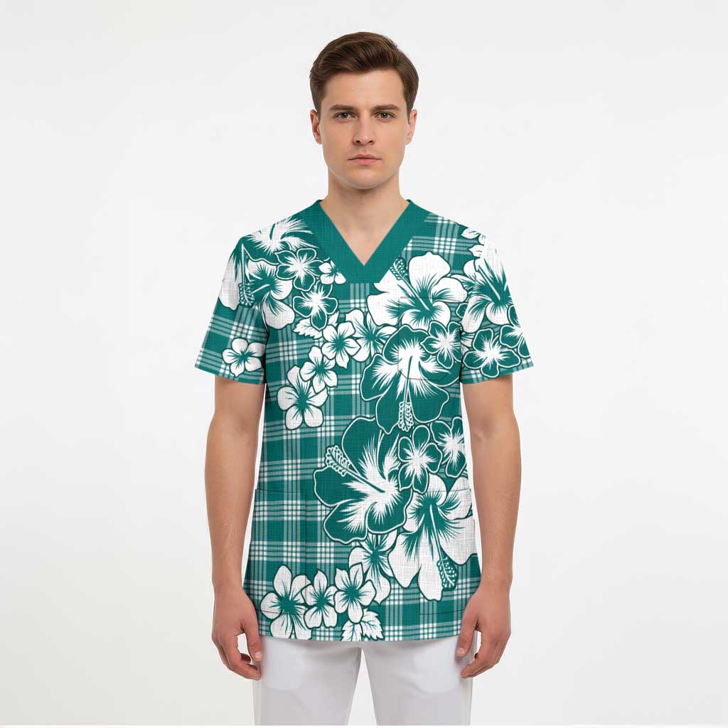 Hibiscus Pakala Aqua Teal Scrub Top Tropical Floral Stylized - Polynesian Pride