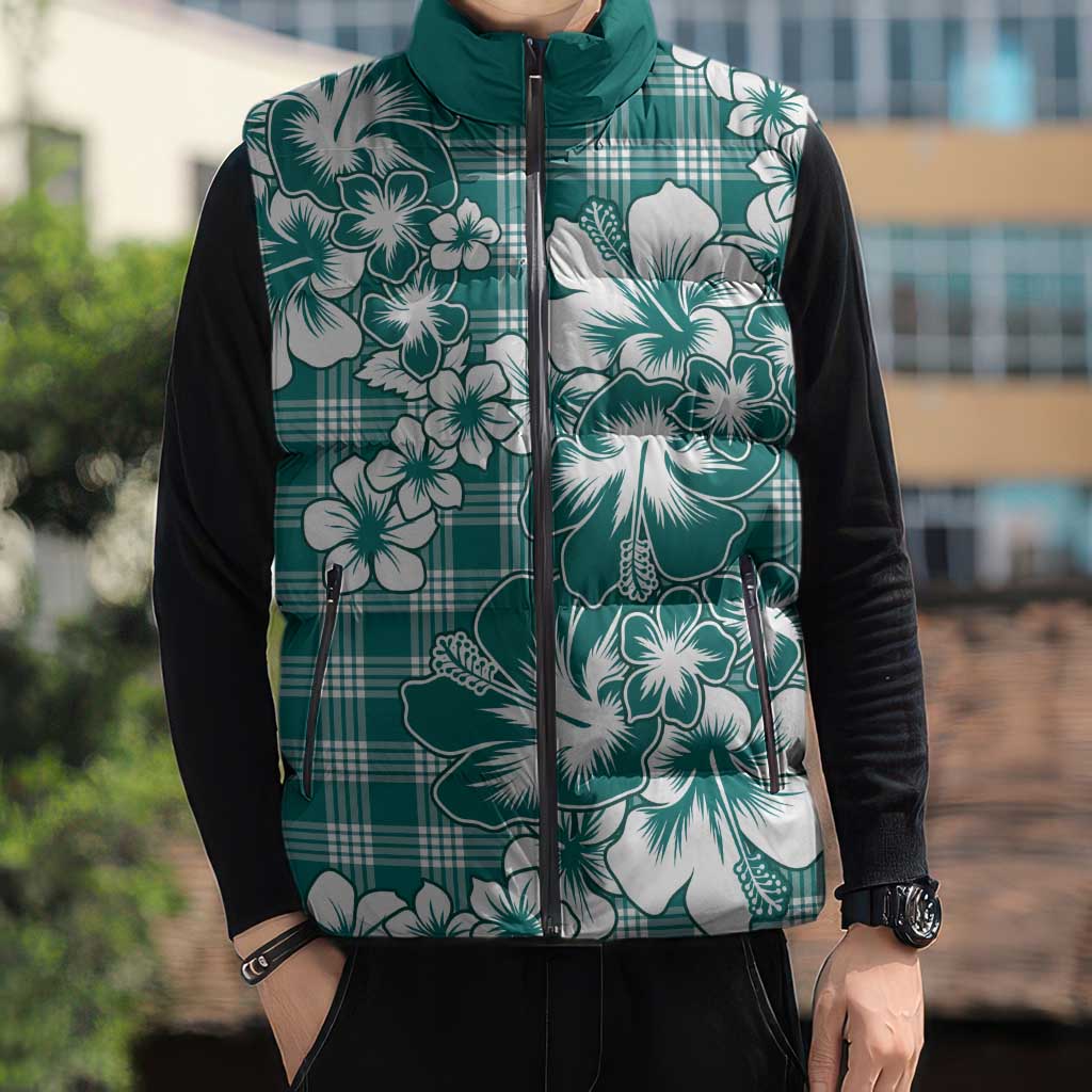 Hibiscus Pakala Aqua Teal Sleeveless Puffer Jacket Tropical Floral Stylized - Polynesian Pride