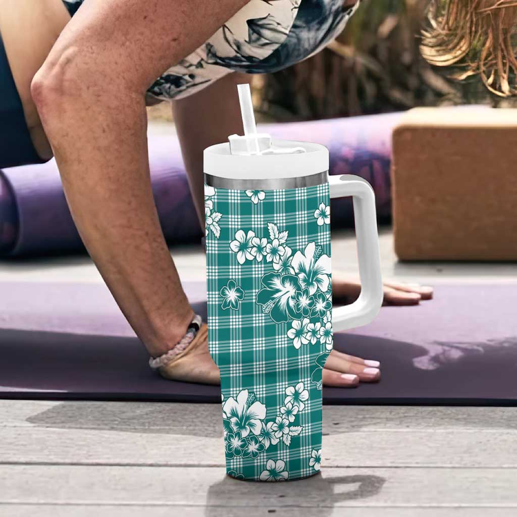 Hibiscus Pakala Aqua Teal Tumbler With Handle Tropical Floral Stylized - Polynesian Pride