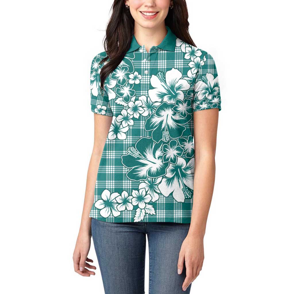 Hibiscus Pakala Aqua Teal Women Polo Shirt Tropical Floral Stylized - Polynesian Pride