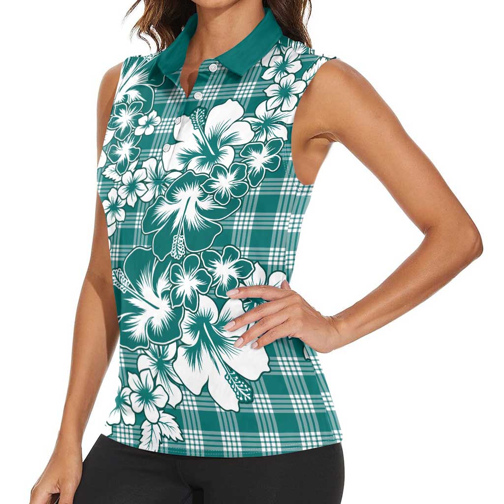Hibiscus Pakala Aqua Teal Women Sleeveless Polo Shirt Tropical Floral Stylized - Polynesian Pride
