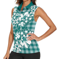 Hibiscus Pakala Aqua Teal Women Sleeveless Polo Shirt Tropical Floral Stylized - Polynesian Pride