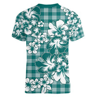 Hibiscus Pakala Aqua Teal Women V-Neck T-Shirt Tropical Floral Stylized - Polynesian Pride