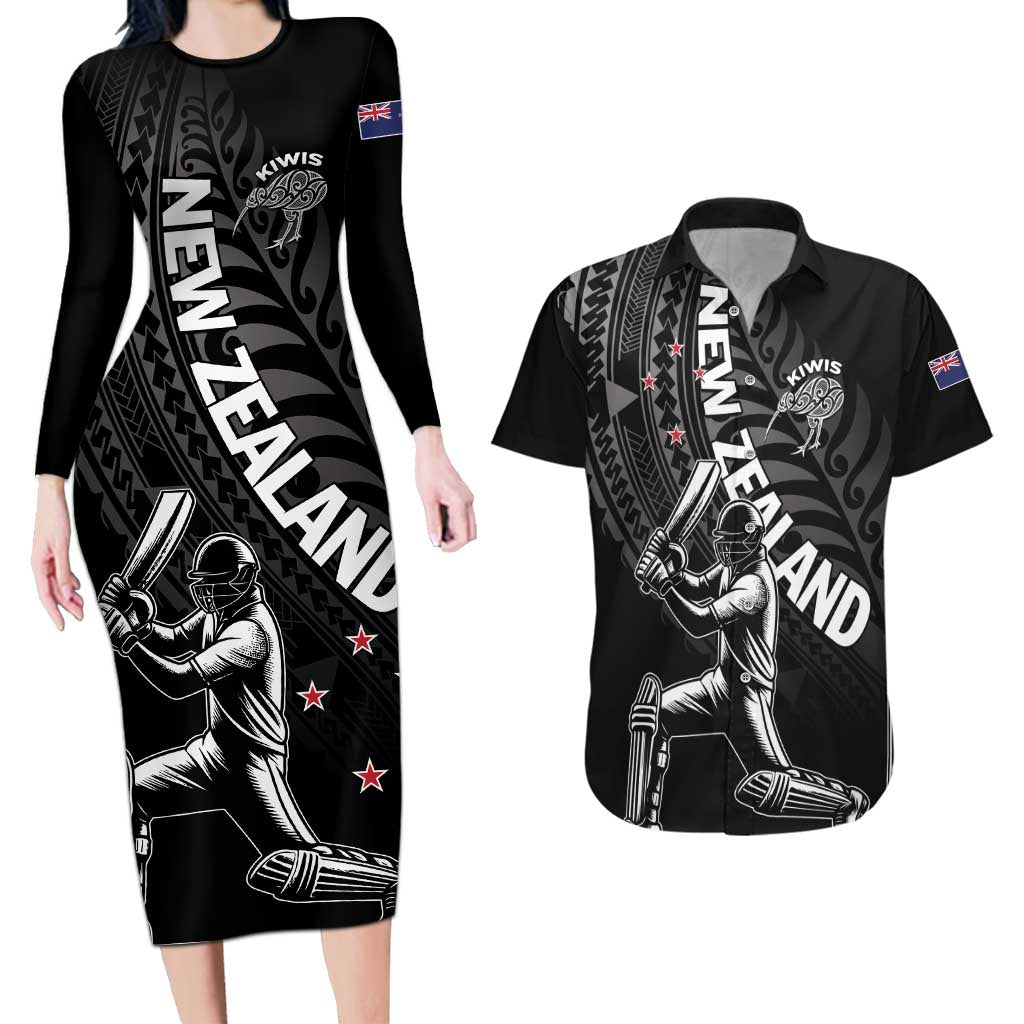 Custom New Zealand Cricket Couples Matching Long Sleeve Bodycon Dress and Hawaiian Shirt Maori Kiwi Black Fern LT01 Black - Polynesian Pride