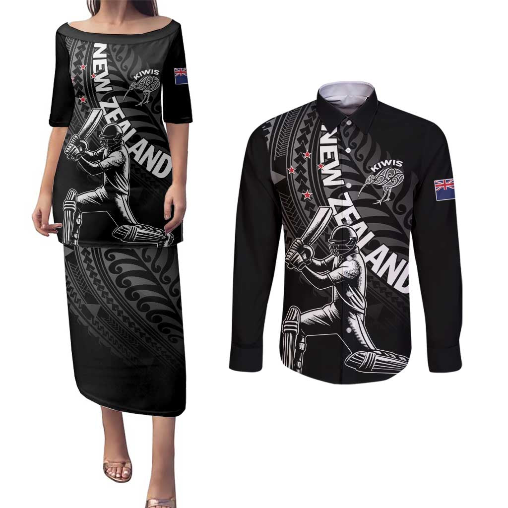 Custom New Zealand Cricket Couples Matching Puletasi and Long Sleeve Button Shirt Maori Kiwi Black Fern LT01 Black - Polynesian Pride