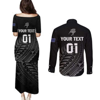Custom New Zealand Cricket Couples Matching Puletasi and Long Sleeve Button Shirt Maori Kiwi Black Fern